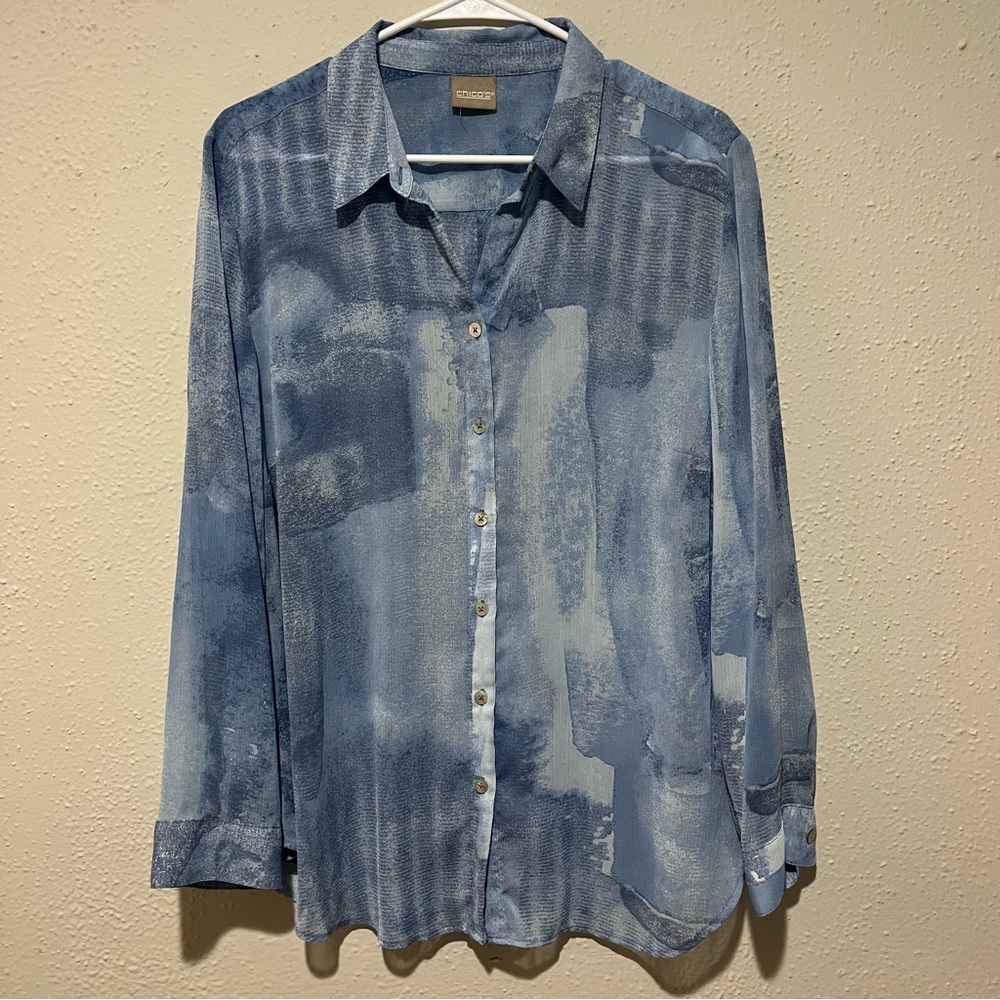 Chicos Blouse Tunic Womens XL Blue Sheer Cloudy Accents Long Sleeve Button Up